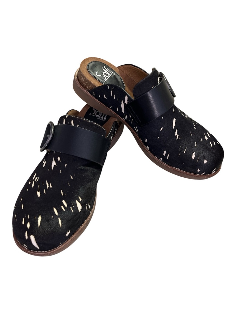 * NWOT Sofft Billie Black White Calf Hair Print Mules Clogs Size 8M